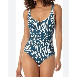 Anne Cole Sz 8 Swimsuit Ruched One-Piece Teal Classic Resortwear Beach Retro